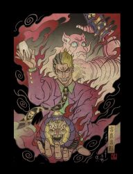  1boy 1other animal_ears black_border black_gloves black_hair black_necktie blonde_hair blue_eyes border cat_ears chien_chih_kang collared_shirt colored_skin diamond_wa_kudakenai english_commentary evil_grin evil_smile fire formal_clothes fusion gloves green_shirt grin highres holding holding_hands jacket jojo_no_kimyou_na_bouken kawajiri_kosaku killer_queen kira_yoshikage long_sleeves looking_at_viewer male_focus military_vehicle motor_vehicle multicolored_hair necktie pink_skin purple_jacket sheer_heart_attack shirt short_hair slit_pupils smile smoke stand_(jojo) striped_hair suit tank teeth translation_request two-tone_hair upper_body white_hair 