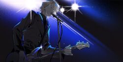  1boy backlighting bass_guitar black_suit black_sweater blonde_hair closed_eyes commentary dark_background digimon digimon_adventure digimon_adventure_-beyond- dutch_angle highres instrument ishida_yamato jacket konashio lapels male_focus microphone music notched_lapels open_mouth playing_bass_guitar playing_instrument short_hair singing solo stage stage_lights suit suit_jacket sweater turtleneck turtleneck_sweater 