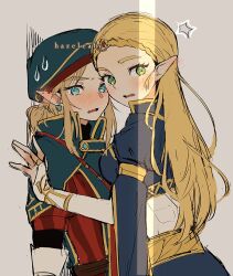  1boy 1girl artist_name assertive_female blonde_hair blue_capelet blue_dress blue_eyes blue_hair blue_hat blush bridal_gauntlets capelet circlet commentary dress ear_piercing english_commentary green_eyes grey_background hat hazeleafyy height_difference hetero jewelry kabedon link long_hair official_alternate_costume piercing pointy_ears ponytail princess_zelda short_hair sidelocks simple_background sweat the_legend_of_zelda the_legend_of_zelda:_breath_of_the_wild 