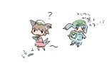  2girls :3 animal_ears backpack bag blue_hair blush brown_hair cat_ears chen cucumber earrings hat highres jewelry kawashiro_nitori multiple_girls touhou translated twintails 