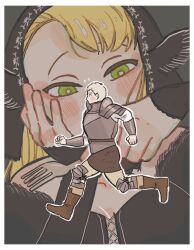  1boy 1girl armor bare_shoulders belt belt_buckle black_corset black_hood blonde_hair blush_stickers boots breastplate brown_belt brown_shoes buckle chainmail corset detached_hood detached_sleeves dungeon_meshi ear_covers elf english_commentary flying_sweatdrops fork fur-trimmed_sleeves fur_trim green_eyes head_rest highres holding holding_fork knee_guards laios_touden marcille_donato marcille_donato_(lord) pants pauldrons plate_armor pointy_ears running shirt shoes short_hair shoulder_armor spoilers vambraces white_shirt yellow_pants yuseidungeon 