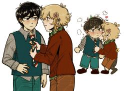 2boys adjusting_clothes adjusting_necktie alternate_costume antenna_hair basil_(faraway)_(omori) basil_(omori) black_eyes black_hair black_shoes blonde_hair blue_eyes blush bright_pupils brown_pants charlesfirework chibi closed_mouth collared_shirt flower green_pants grey_shirt hair_flower hair_ornament highres kiss kissing_cheek loafers looking_at_another male_focus multiple_boys necktie omori pants parted_lips red_sweater shirt shoes short_hair sidelocks simple_background striped_clothes striped_shirt sunny_(omori) sweater vertical-striped_clothes vertical-striped_shirt white_background white_pupils yaoi