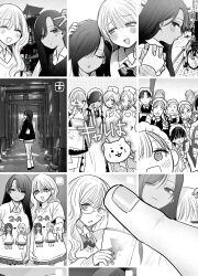  6+boys 6+girls apron blush book bow bowtie closed_eyes closed_mouth commentary dark-skinned_female dark_skin female_pov fishnets fushimi_inari_taisha glasses greyscale hashtag-only_commentary hat head_on_another&#039;s_shoulder highres holding holding_book holding_hands inoue_koharu instagram interlocked_fingers long_hair maid maid_apron maid_headdress monochrome multiple_boys multiple_girls nurse nurse_cap open_mouth original pleated_skirt pov school_uniform shirt skirt smile taooka_yua translation_request v watase_reina yuri 