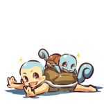  1boy bald blush_stickers hitec moemon on_stomach open_mouth personification pokemon pokemon_(creature) pokemon_(game) pokemon_rgby purple_eyes shell smile sparkle squirtle tail turtle turtle_shell violet_eyes 