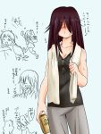  beer_can character_request comic glasses hair_down hair_over_eyes long_hair multiple_girls sleeveless towel towel_around_neck translation_request yagisaka_seto 