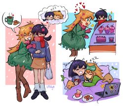  2girls alternate_costume artist_name bag basil_(faraway)_(omori) basil_(omori) black_coat black_eyes black_shoes blonde_hair blue_eyes boots brown_boots brown_pantyhose cake character_doll character_sticker closed_eyes coat cupcake doll double-parted_bangs flower food genderswap genderswap_(mtf) gloves green_coat hair_flower hair_ornament heart heart-shaped_eyes highres holding holding_bag long_hair long_sleeves low_twintails medium_hair mr._plantegg_(omori) multiple_girls omori open_mouth pantyhose parted_lips plastic_bag pointing red_gloves shoes short_twintails sleeping snow snowing socks something_(omori) speech_bubble sprout_mole squeans sticker stuffed_toy sunny_(omori) thought_bubble thumbs_up twintails ullilya1 unmoving_pattern white_socks zzz 