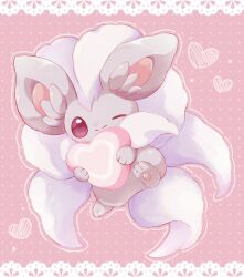  appyon_(archangel_ayp) cinccino closed_mouth commentary_request full_body heart holding no_humans one_eye_closed pink_background pink_eyes pokemon pokemon_(creature) pokemon_focus simple_background smile solo 