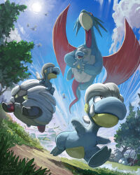  animal_focus bagon blue_sky closed_mouth clouds commentary day dragon dragon_wings english_commentary evolutionary_line flying grass highres holding holding_pokemon jumpluff mcgmark nickit no_humans outdoors pokemon pokemon_(creature) pokemon_focus riding riding_pokemon rock running salamence shelgon sky sun tree wings 