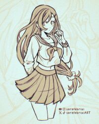  1girl arm_behind_back artist_name blush breasts closed_mouth collarbone cowboy_shot cropped_legs english_commentary final_fantasy final_fantasy_vii final_fantasy_vii_ever_crisis hair_ornament hair_scrunchie hairclip highres large_breasts long_hair looking_at_viewer low-tied_long_hair midriff_peek miniskirt monochrome navel neckerchief official_alternate_costume pleated_skirt sailor_collar sarafabrizi school_uniform scrunchie serafuku skirt solo tifa_lockhart tifa_lockhart_(midgard_seventh_high_school) twitter_username 