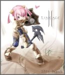  axe dwarf heart lineage lineage_2 pink_hair shield smile weapon 