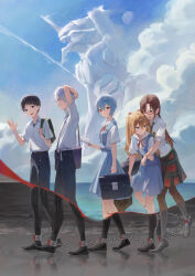  2boys 3girls absurdres arm_up ayanami_rei backpack bag belt black_bag black_belt black_hair black_necktie black_pants black_skirt blue_dress blue_eyes blue_hair book brown_bag brown_hair brown_pantyhose closed_mouth clouds commentary_request contrail cuffs curtained_hair day dress eva_01 full_body glasses green_bag hair_between_eyes hand_on_another's_arm highres holding holding_bag holding_book ikari_shinji interface_headset_(evangelion) kneehighs long_hair looking_at_another makinami_mari_illustrious mecha_pilot_suit moon multiple_boys multiple_girls nagisa_kaworu neck_ribbon necktie neon_genesis_evangelion ocean open_book open_mouth orange_hair outdoors pants pantyhose pinafore_dress pleated_skirt plugsuit_(evangelion) red-framed_eyewear red_eyes red_ribbon ribbon satellite999 school_bag school_uniform shackles shirt short_hair short_sleeves shoulder_bag skirt sky sleeveless sleeveless_dress socks souryuu_asuka_langley split_theme tokyo-3_middle_school_uniform very_short_hair walking white_hair white_shirt white_socks 