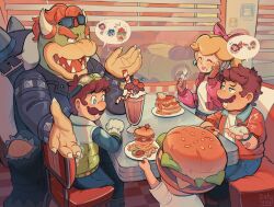  1girl 1other 3boys absurdres artist_name bow bowser brown_hair burger burger_costume claws didy414 diner eating english_commentary food french_fries goggles goggles_on_head hair_bow highres luigi mario mario_kart mario_kart_world milkshake multiple_boys official_alternate_costume pancake pancake_stack princess_peach red_hair sitting speech_bubble spiked_shell super_mario_bros. toad_(mario) 