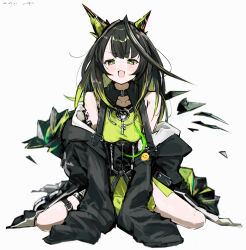  1girl :d absurdres ahoge arknights bare_shoulders black_hair black_jacket blush bright_pupils colored_inner_hair commentary dated emoji english_commentary fang full_body green_eyes green_hair green_shirt highres huge_ahoge jacket looking_at_viewer material_growth medium_hair mon3tr_(arknights) multicolored_hair off_shoulder open_mouth oripathy_lesion_(arknights) pppmepl shirt simple_background sitting skin_fang sleeveless sleeveless_shirt smile solo thigh_strap wariza white_background white_pupils 