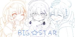  3girls :i beret blush closed_eyes hair_ornament halo hat highres ichinose_uruha komori_met looking_at_viewer monochrome multiple_girls nekota_tsuna_(artist) shirayuki_reid sketch smile virtual_youtuber vspo! white_background 