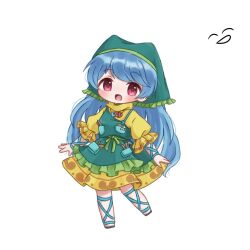  1girl apron arm_ribbon black_sandals blue_apron blue_hair blue_headscarf blush bow chibi chibi_only commentary_request dress flower frills full_body green_bow haniyasushin_keiki headscarf highres jewelry leg_ribbon long_hair looking_at_viewer magatama magatama_necklace necklace open_mouth pink_eyes pocket puffy_short_sleeves puffy_sleeves ribbon sandals short_sleeves simple_background smile solo standing standing_on_one_leg touhou turtleneck turtleneck_dress wasshoi_chi white_background white_flower wood_carving_tool yellow_dress 