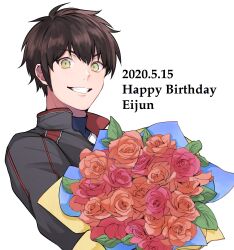  1boy ace_of_diamond aiaipoponta0605 baseball_uniform bouquet brown_hair character_name closed_mouth commentary_request dated english_text grid hair_between_eyes happy_birthday highres holding holding_bouquet light_blush long_sleeves looking_at_viewer male_focus seidou_high_school_jacket short_hair simple_background solo sportswear teeth upper_body white_background 