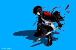  1boy armband black_jacket black_pants blue_background evoker fighting_stance gekkoukan_high_school_uniform gun hair_over_one_eye holding holding_sword holding_weapon holster holstered jacket jewelry long_sleeves male_focus necklace official_art open_clothes open_jacket pants persona persona_3 persona_3_reload red_armband red_eyes s.e.e.s school_uniform shadow shimada_azusa shirt shoes simple_background solo squatting sword weapon white_shirt yuuki_makoto_(persona_3) 