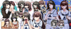  2girls absurdres anger_vein bang_dream! bang_dream!_it's_mygo!!!!! black_boots black_choker black_gloves black_hair black_jacket black_shirt blue_eyes blue_neckerchief blue_shirt blush boots bow bowtie breasts brown_dress brown_hair capelet cellphone chain chain_necklace cheek_squash cheschorv chibi chibi_only choker closed_eyes closed_mouth commentary crossed_arms crossed_legs dress drinking_straw ear_piercing earclip earrings gloves grey_pantyhose grey_skirt hanasakigawa_school_uniform hand_on_own_chest hand_on_own_hip hand_up highres holding holding_carton holding_phone hug hug_from_behind jacket jewelry long_hair medium_breasts medium_hair misumi_uika mole mole_under_eye multiple_girls multiple_views neckerchief necklace one-eyed open_mouth pantyhose phone piercing pleated_skirt red_bow red_bowtie red_capelet sailor_collar sailor_dress school_uniform serafuku shiina_taki shirt short_sleeves simple_background single_earring sitting skirt smartphone sweatdrop teeth thigh_boots timoris_(bang_dream!) upper_teeth_only vending_machine violet_eyes white_background white_jacket white_sailor_collar white_skirt yahata_umiri yuri 