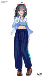 1girl absurdres artist_name blue_eyes blue_pants blush collared_shirt firehippo full_body hair_ornament highres long_sleeves looking_at_viewer medium_hair midriff navel open_clothes open_mouth open_shirt pants shirt simple_background solo sports_bra standing white_shirt white_sports_bra 