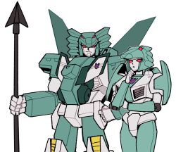  1boy 1girl airplane_wing brother_and_sister decepticon extra_eyes green_helmet helmet highres humanoid_robot insignia leozack lyzack mecha mechanical_wings ntov198440 polearm red_eyes robot robot_girl science_fiction siblings transformers transformers_victory weapon white_background wings 