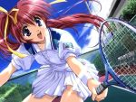  comic_party dutch_angle game_cg hair_ribbon lens_flare long_hair open_mouth perspective ponytail racket red_hair redhead ribbon side_ponytail sky smile sportswear sunbeam sunlight takase_mizuki tennis tennis_court tennis_racket tennis_uniform violet_eyes 