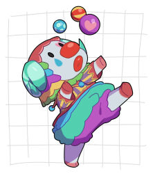  1boy animal_crossing arms_up ball clown commentary_request curled_horns facepaint full_body furry furry_male grid_background heart horns juggling kopa_nishikida lipstick long_sleeves looking_up makeup male_focus pants pietro_(animal_crossing) purple_pants sheep_boy sheep_horns shirt solo standing standing_on_one_leg striped_clothes striped_shirt 