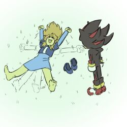  1boy 1girl animal_ears barefoot black_fur blonde_hair blush feet furry furry_male gloves hedgehog_boy highres inhibitor_rings long_sleeves maria_robotnik medium_hair open_mouth red_fur s4mmx_0 shadow_the_hedgehog shoes short_tail simple_background soles sonic_(series) standing tail toes two-tone_fur white_gloves 