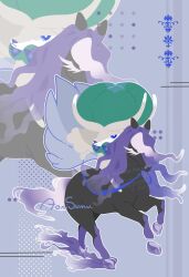  blue_eyes calyrex calyrex_(rider) chikawapkmn0487 closed_eyes closed_mouth english_commentary frown highres horse looking_up no_humans pokemon pokemon_(creature) pokemon_focus purple_background riding riding_pokemon signature spectrier 
