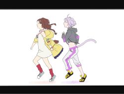  2girls animal_ear_fluff animal_ears bone_hair_ornament braid breasts brown_hair cartoon_bone cat_ears cat_girl cat_tail colored_shadow commentary_request crop_top dog_ears dog_girl dog_tail drawstring dress grey_hoodie grey_socks hair_ornament highres hololive hood hood_down hoodie inugami_korone inugami_korone_(1st_costume) jacket letterboxed long_sleeves low_twintails medium_breasts midriff multiple_girls nekomata_okayu nekomata_okayu_(1st_costume) off_shoulder open_clothes open_jacket pants puffy_long_sleeves puffy_sleeves red_socks running shadow shoes sleeveless sleeveless_dress socks tail twin_braids twintails virtual_youtuber vividnatadecoco white_background white_dress white_pants yellow_jacket yellow_shoes 