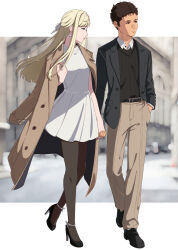  1boy 1girl ankle_ribbon belt black_belt black_hair black_jacket black_pantyhose black_shoes black_sweater blonde_hair blue_eyes blurry blurry_background breasts brown_coat brown_eyes brown_pants closed_mouth coat coat_on_shoulders collared_shirt couple dress earrings enelous full_body gigi_andalusia gundam gundam_hathaway's_flash hair_ribbon half_updo hand_in_pocket hathaway_noa hetero high_heels highres holding_hands jacket jewelry leg_ribbon lipstick long_hair long_sleeves looking_to_the_side makeup pants pantyhose photo_background pink_lips profile ribbed_sweater ribbon shirt shoes short_dress short_hair sphere_earrings standing stiletto_heels sweater very_short_hair walking white_dress white_ribbon white_shirt 