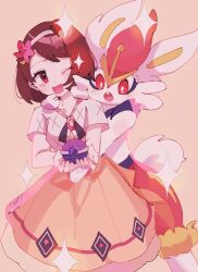  1girl 1other animal_ears blush body_fur breasts brown_eyes brown_hair buck_teeth cinderace dress flower furry gloria_(anniversary_2025)_(pokemon) gloria_(pokemon) hair_ornament hairband highres holding holding_tera_orb official_alternate_costume one_eye_closed open_mouth orange_dress piyo_(toripoke710) pokemon pokemon_(creature) pokemon_masters_ex rabbit_ears red_eyes short_hair short_sleeves simple_background smile star_(symbol) tail teeth tera_orb white_fur white_hairband 