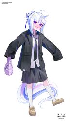  1girl absurdres ahoge ayatsuno_yuni bag black_jacket black_necktie black_skirt blue_ribbon blush brown_shoes character_charm charm_(object) collared_shirt commentary_request fang firehippo foot_up full_body grey_hair hair_bun hair_ribbon handbag highres holding holding_bag jacket kneehighs korean_commentary lapels long_sidelocks long_sleeves multicolored_tail necktie nose_blush notched_lapels open_clothes open_jacket open_mouth oversized_clothes pleated_skirt purple_bag ribbon school_uniform shirt shoes sidelocks simple_background single_hair_bun skin_fang skirt sleeves_past_fingers sleeves_past_wrists smile socks solo standing star-shaped_pupils star_(symbol) stellive sweat symbol-shaped_pupils tail unicorn_horn violet_eyes virtual_youtuber white_background white_shirt white_socks wing_collar 