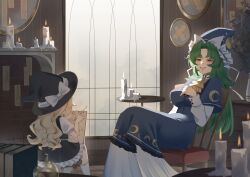  2girls absurdres aged_down ascot black_hat black_skirt black_vest blonde_hair blue_skirt blue_vest book bow breasts candle child commentary drawing_(action) drawing_(object) english_commentary frilled_ascot frilled_skirt frills green_eyes green_hair hat hat_bow highres indoors kirisame_marisa large_breasts layered_sleeves long_hair long_sleeves mima_(touhou) multiple_girls no_noru short_over_long_sleeves short_sleeves sitting skirt smile socks touhou touhou_(pc-98) very_long_hair vest white_bow white_socks witch_hat wizard_hat yellow_ascot 