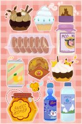  anotherartblock bee bottle bug casteliacone combee commentary drink eevee english_commentary food food_focus fresh_water_(pokemon) highres honey ice_cream lava_cookie lemonade lemonade_(pokemon) lumiose_galette magcargo milk_bottle miltank moomoo_milk no_humans pikachu piplup poke_puff pokemon pokemon_(creature) shalour_sable soda soda_pop_(pokemon) water_bottle 