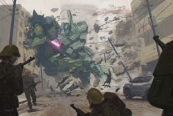  absurdres assault_rifle assault_visor backpack bag battle blonde_hair blue_visor building car char's_counterattack city combat_helmet commentary debris destruction earth_federation energy_sword english_commentary geara_doga green_jacket gun gundam helmet highres holding holding_sword holding_weapon icemarv14 jacket jegan mecha mecha_focus midair mobile_suit motor_vehicle power_lines rifle road robot science_fiction shoulder_spikes soldier spikes sports_utility_vehicle street sword tackle utility_pole war weapon zeon 