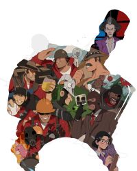  2girls 6+boys absurdres administrator_(tf2) ball baseball_(object) battlefield bendedede demoman_(tf2) engineer_(tf2) fire fishbowl gatling_gun heavy_(tf2) highres mask medic_(tf2) merasmus miss_pauling monkey multiple_boys multiple_girls photo_(object) piss_bottle pyro_(tf2) red_demoman_(tf2) red_engineer_(tf2) red_heavy_(tf2) red_medic_(tf2) red_pyro_(tf2) red_scout_(tf2) red_sniper_(tf2) red_soldier_(tf2) red_spy_(tf2) saxton_hale scout_(tf2) silhouette sniper_(tf2) soldier_(tf2) spy_(tf2) team_fortress_2 white_background writing 