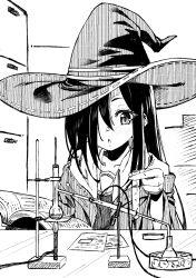 1girl black_hair chemical_structure hair_over_one_eye hat heaven_burns_red highres indoors long_hair long_sleeves metako_(slime_shop) monochrome one_eye_covered open_mouth solo tenne_miko witch_hat 