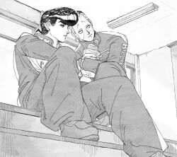  2boys closed_mouth collared_jacket diamond_wa_kudakenai dollar_sign eyelashes facial_mark food food_wrapper frown gakuran greyscale heart higashikata_josuke holding holding_food indoors jacket jojo_no_kimyou_na_bouken long_sleeves looking_to_the_side male_focus monochrome multiple_boys nijimura_okuyasu pants parted_lips popped_collar school_uniform shoes sideways_glance sitting sitting_on_stairs stairs tirauraja zipper_pull_tab 