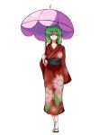  green_hair japanese_clothes kazami_yuuka kimono light_smile obi parasol red_eyes sandals short_hair socks sunflower touhou umbrella white_background yukata 