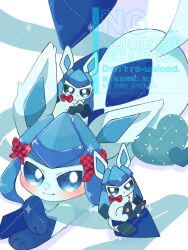  animal_focus blue_eyes blush bow commentary glaceon hair_ornament heart highres lying maaari_pkmn no_humans pokemon pokemon_(creature) pokemon_focus red_bow ribbon smile symbol-only_commentary 
