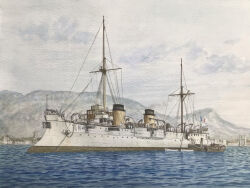  atelier_bono boat cannon clouds cloudy_sky commentary_request cruiser flag french_flag french_navy highres mast military_vehicle no_humans ocean original pascal_(protected_cruiser) photo-referenced port scenery ship sky smokestack traditional_media vehicle_focus warship watercraft 