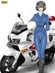 1girl black_hair boots gloves helmet motor_vehicle motorcycle original police police_uniform policewomam policewoman short_hair traffic_officer uniform vehicle