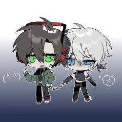  2boys :d ahoge animification armlet bare_shoulders belt black_belt black_gloves black_necktie black_pants black_shirt blue_background blue_eyes brown_hair brown_shoes chain charles_calvin chibi chibi_only chinese_commentary closed_mouth collared_shirt commentary_request cuffs double-parted_bangs elbow_gloves frown full_body gloves gradient_background green_eyes green_jacket hair_between_eyes hand_up handcuffs headphones headset henry_stickmin henry_stickmin_(series) highres holding holding_handcuffs jacket jewelry long_sleeves low_ponytail multiple_boys necktie no_fingers open_clothes open_jacket open_mouth outline pants ponytail puffy_long_sleeves puffy_sleeves red_shoes shirt shoes short_hair short_ponytail simple_background sleeveless sleeveless_shirt smile standing uneven_eyes v-shaped_eyebrows white_background white_hair white_outline white_shirt xeri0305 