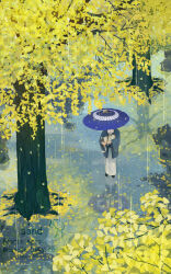  1other absurdres ambiguous_gender animal aqua_haori artist_name autumn autumn_leaves blue_umbrella bluesky_username cat commentary_request from_above ginkgo_tree haori highres holding holding_animal holding_umbrella japanese_clothes kimono leaf long_sleeves oil-paper_umbrella original outdoors pet rain reflection reflective_surface santo_moco scenery sleeping_animal standing umbrella watermark white_kimono wide_shot wide_sleeves 