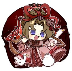  1girl bird blue_eyes bow bowtie brown_bow brown_bowtie brown_hair chain dress goose hair_intakes hair_ribbon holding holding_mask indicant's_trial_(e.g.o) limbus_company long_hair mask nantekottawo!! pink_bow pink_dress project_moon red_ribbon ribbon rodion_(project_moon) solo very_long_hair 