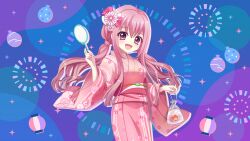  1girl :d asahi_hina bag bagged_fish blue_background cowboy_shot dot_nose film_grain fish floral_print floral_print_kimono flower game_cg goldfish hair_flower hair_ornament hand_up holding holding_bag holding_net izumi_tsubasu japanese_clothes kimono lantern long_hair long_sidelocks looking_at_viewer non-web_source obi official_art open_mouth paper_lantern pink_eyes pink_flower pink_hair pink_kimono pink_sash plastic_bag poi_(goldfish_scoop) print_kimono purple_background re:stage! sash sidelocks smile solo sparkle_background water_balloon wide_sleeves yukata 