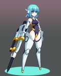  1girl :&lt; asymmetrical_arms bare_shoulders black_sclera blue_hair breasts commentary_request covered_navel curo eyebrows_visible_through_hair full_body green_eyes leotard looking_at_viewer mecha_musume mechanical_arms mechanical_ears mechanical_legs medium_breasts medium_hair no_feet original pile_bunker simple_background solo 