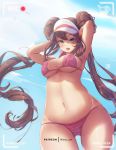  1girl armpits arms_behind_head arms_up ass_visible_through_thighs bare_arms bikini blue_eyes breasts brown_hair covered_nipples cowboy_shot day double_bun floating_hair groin long_hair looking_at_viewer lowleg lowleg_bikini medium_breasts mei_(pokemon) mitsu_(mitsu_art) navel open_mouth outdoors patreon_username pink_bikini pink_swimsuit pokemon pokemon_(game) pokemon_bw2 skindentation solo stomach swimsuit twintails under_boob user_interface very_long_hair visor_cap watermark 