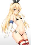  1girl bikini black_bikini blonde_hair blush breasts covered_nipples elbow_gloves eyebrows_visible_through_hair gloves gradient gradient_background grey_eyes hair_between_eyes hairband kantai_collection long_hair micro_bikini navel open_mouth shimakaze_(kantai_collection) small_breasts solo striped striped_legwear swimsuit thigh-highs toshishikisai white_gloves 