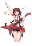  1girl absurdres arm_up bang_dream! bangs bare_shoulders black_footwear black_shorts boots brown_hair commentary_request guitar hair_ornament highres holding instrument open_mouth qoray7 short_hair short_shorts shorts simple_background smile solo star toyama_kasumi violet_eyes white_background 